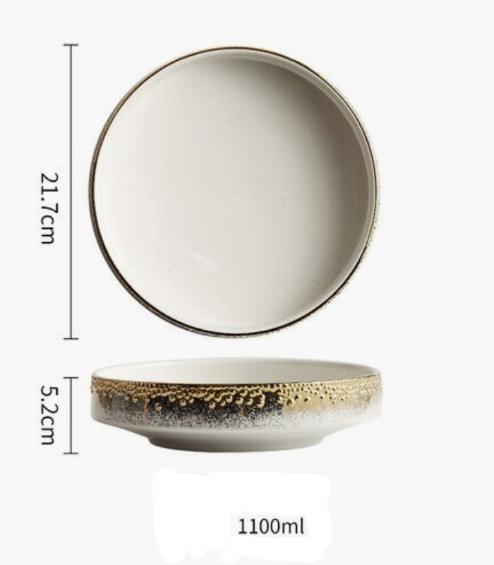 Japanese Style Ceramic Round Dinnerware Set in Gold and White Bowl