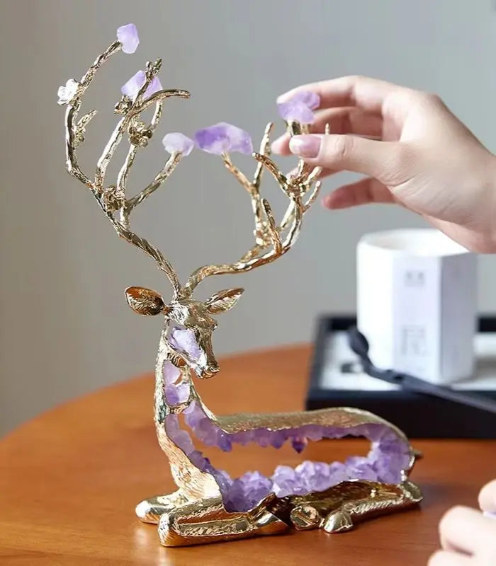 Enchanted Forest Deer Sculpture – Amethyst Crystal & Gold Alloy