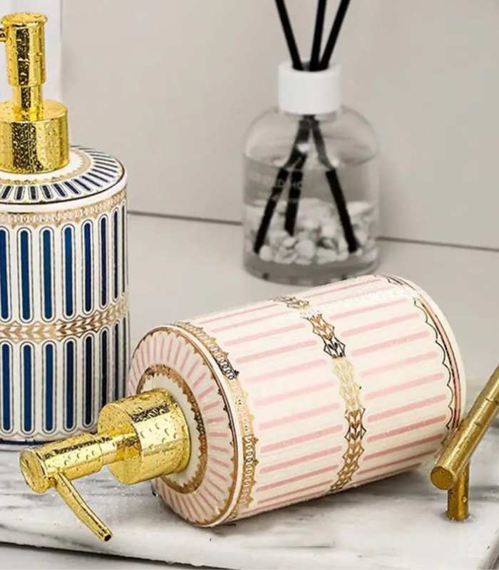 Liquid Soap Dispenser Ceramic Lotion Pump Pink & White 18 cm