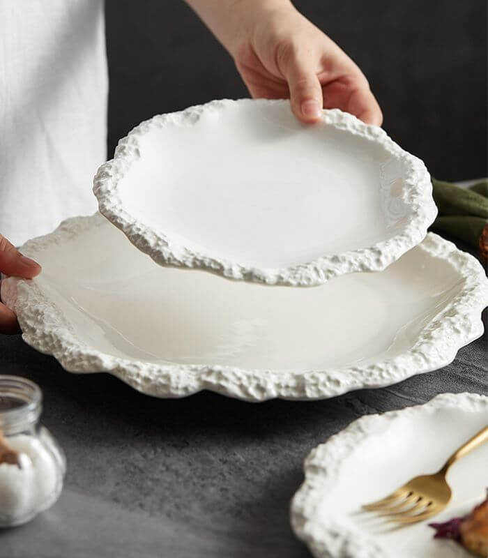 Handcrafted Ceramic Dinnerware Plate- Organic Hammered Design White