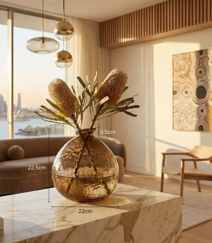 Amber Brown Glass Vase – Hammered Texture Spherical Design 22 cm