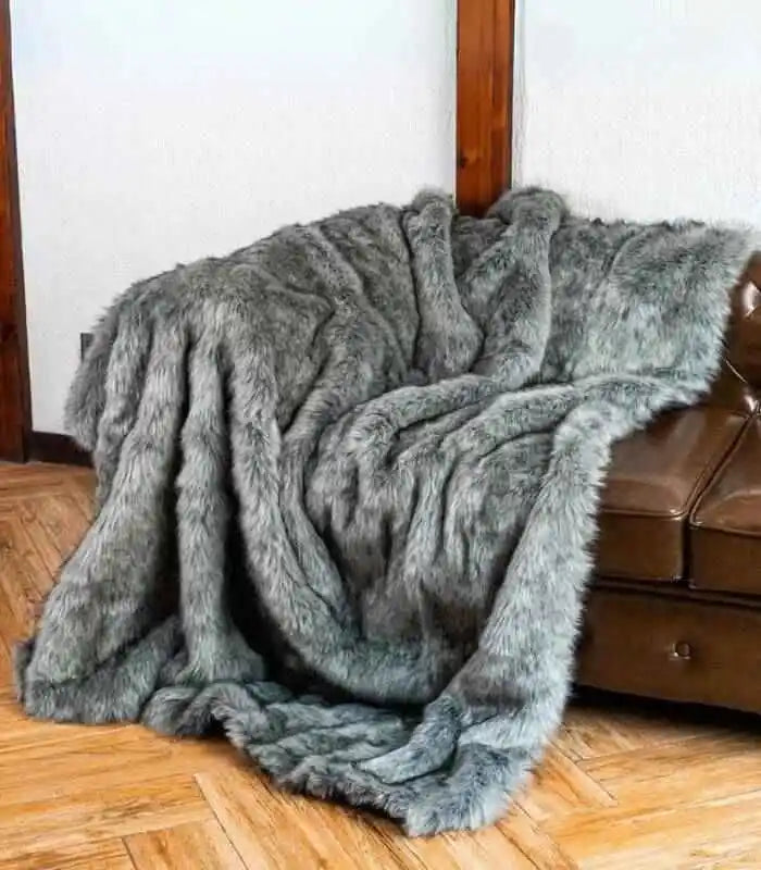 Faux Fur Throw Blanket Soft Thick Grey