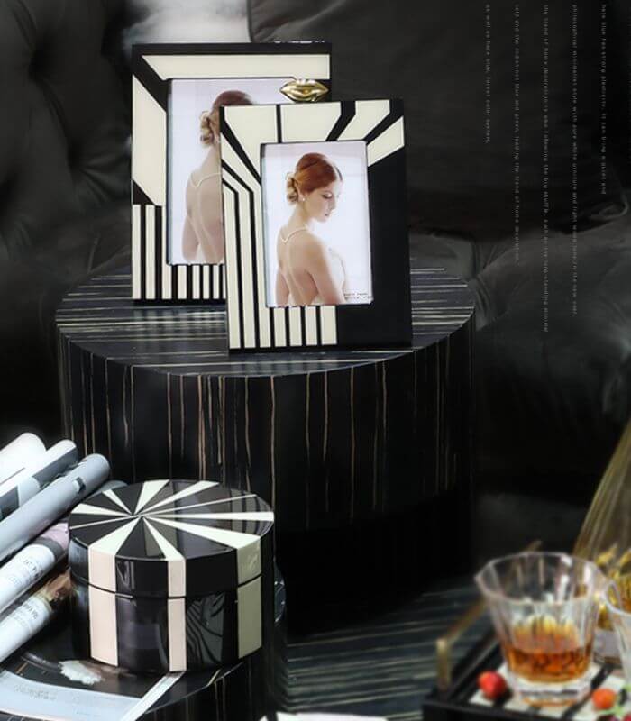 Art Deco Picture Frame - Modern Black & White Geometric Photo Frame with Gold Accent