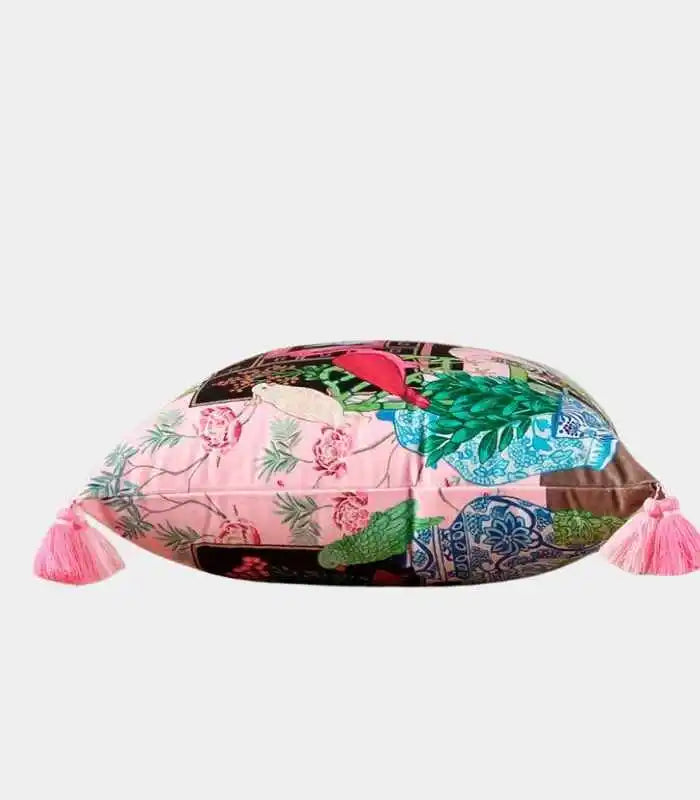 Velvet Cushion Cover with Whimsical Monkey and Fauna Print