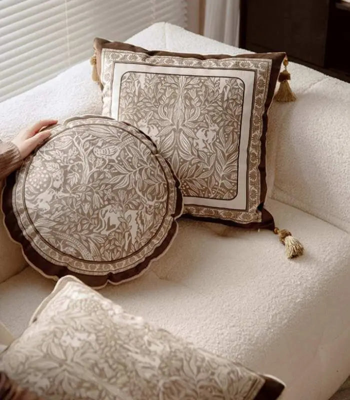 Velvet Forest Motif Decorative Cushion - 3 Styles Velvet Brown & Cream