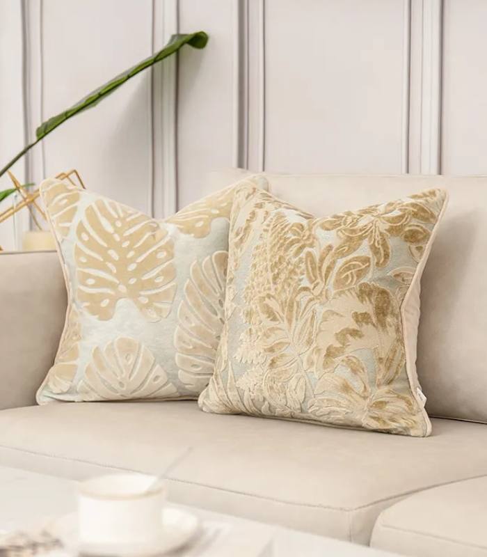 Velvet Floral Garden Cushion Cover Velvet Embroidery Beige