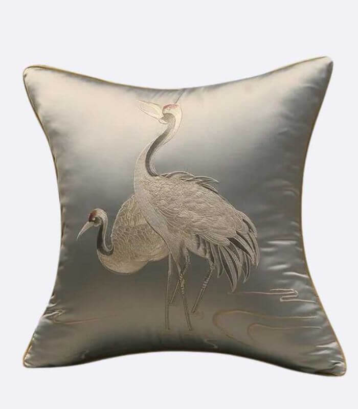 Cushion Cover Crane Embroidered Silk Satin 45x45cm