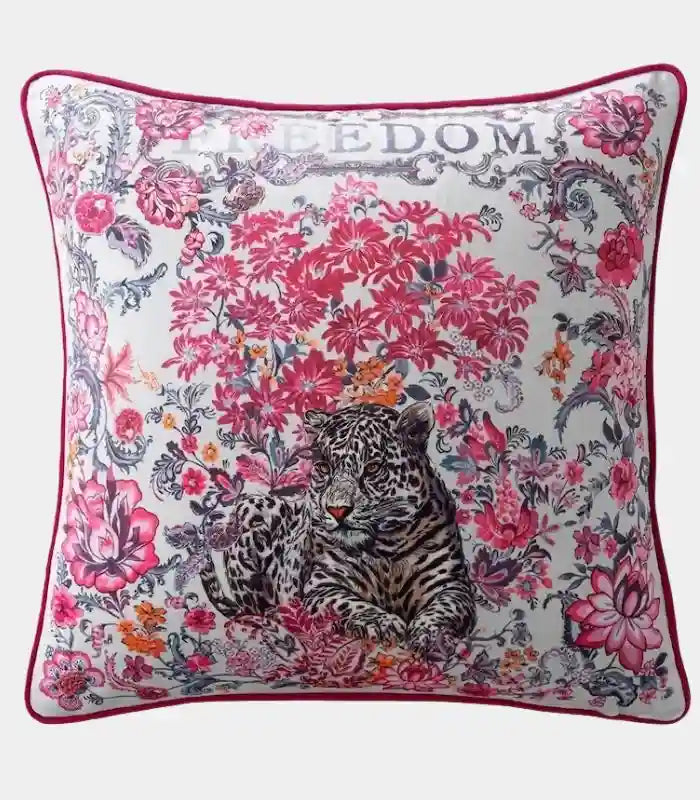 Botanical Wilderness Velvet Cushion Cover – Floral and Leopard Design with Piping Trim