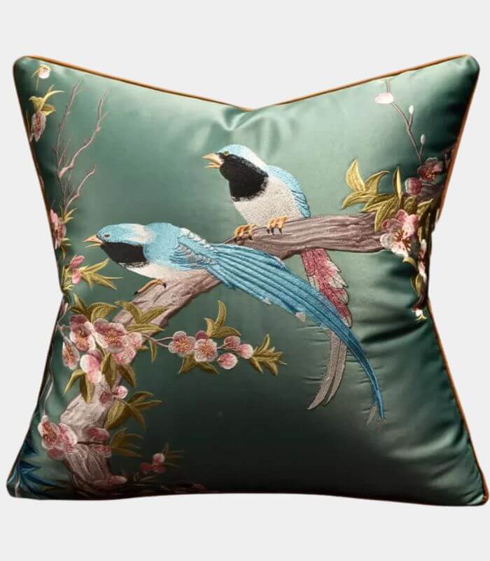 Handcrafted Oriental Bird Silk Satin Cushion Cover Embroidered Decorative Pillow Case 45 cm