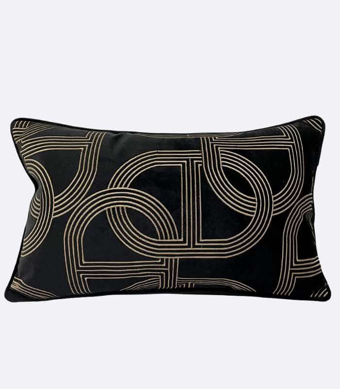 Art Deco Geometric Embroidered Velvet Cushion Cover Black & Gold