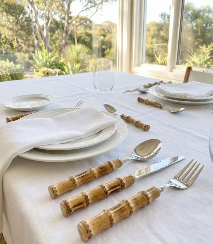 24 Pc Natural Bamboo Handle Cutlery Set Stainless Steel Flatware