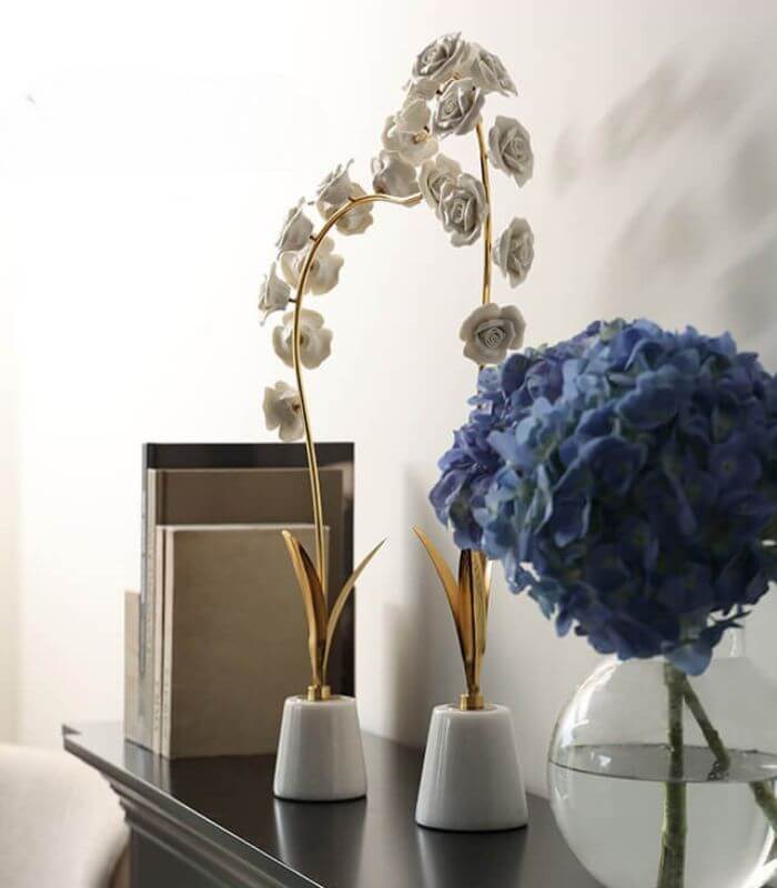 Orchid Stem in Marble Stand Sculpture Porcelain