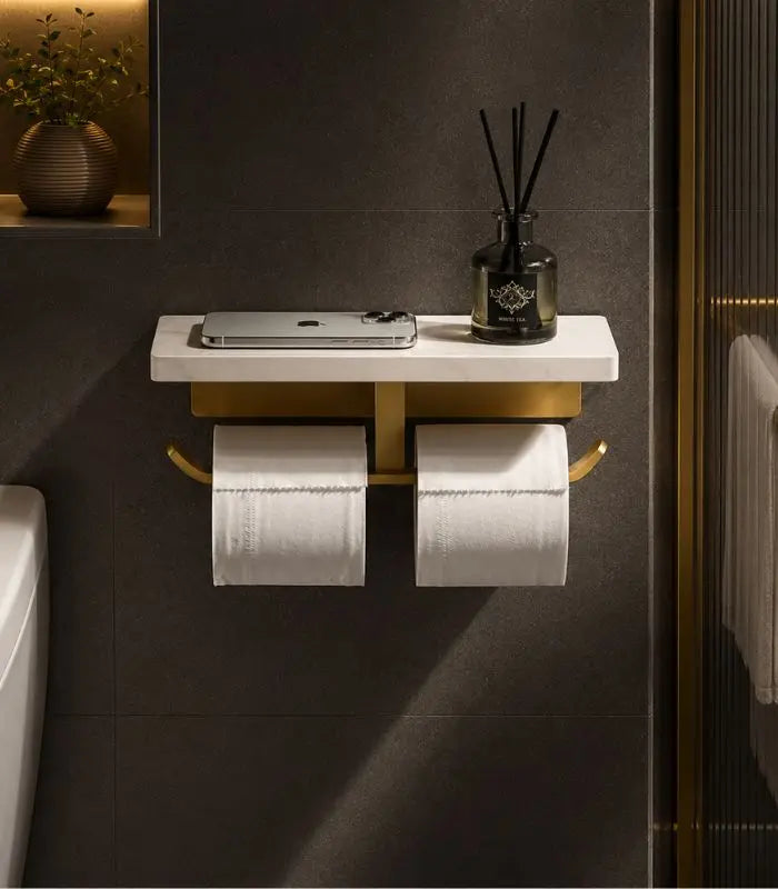Toilet Roll Holder Wall-Mounted Natural Marble Brushed Gold