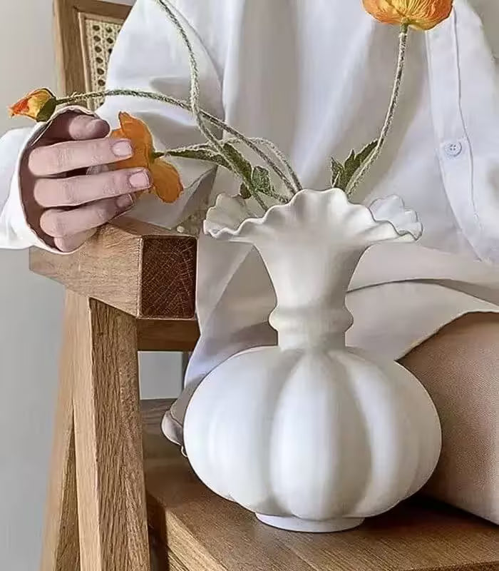 Luna Fluted Ceramic Vase – Matte White, 20 cm