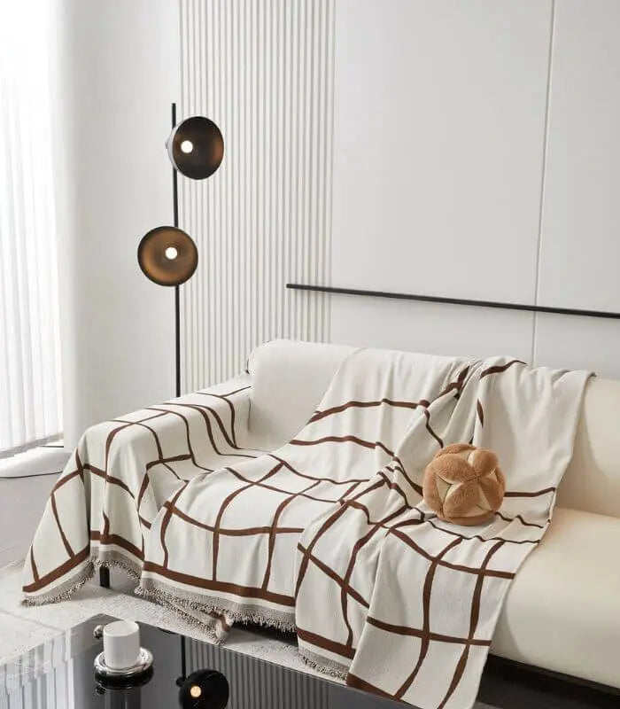 Abstract Patterned Knitted Throw Blanket | Double Sided Sofa Cover Brown White