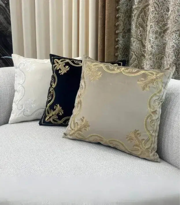 Baroque Embroidered Velvet Cushion Cover - Metallic Thread Border Design - 45x45cm (18x8) - Decorative Throw Pillow Cases