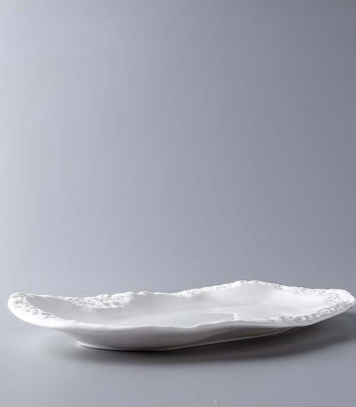 Rustic White Ceramic Serving Platter - 31cm Oval Stoneware Plate, Embossed Stone Pattern