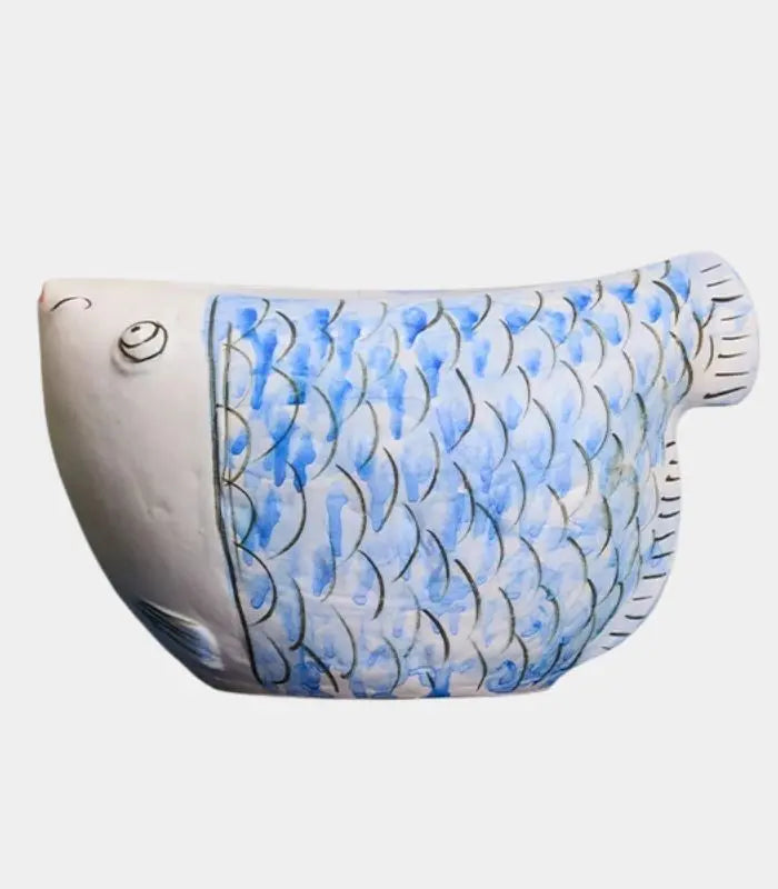 Artisan Fish Ceramic Planter/Vase – Handpainted Blue Scale Design