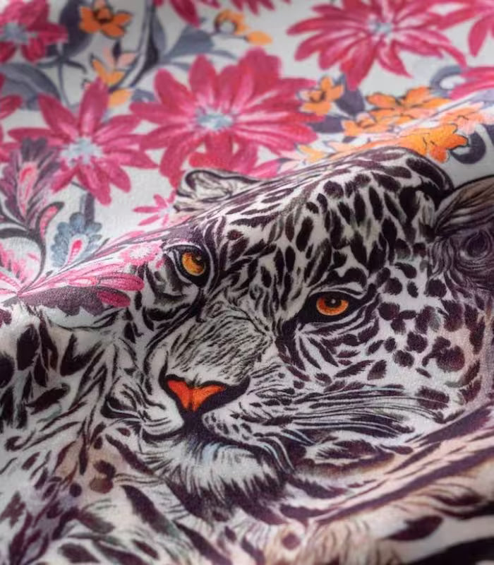 Botanical Wilderness Velvet Cushion Cover – Floral and Leopard Design with Piping Trim