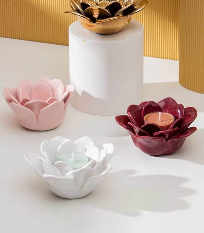 FLORA Lotus Ceramic Tealight Holder | Artisanal Flower Candle Holder | Modern Home Decor 13cm