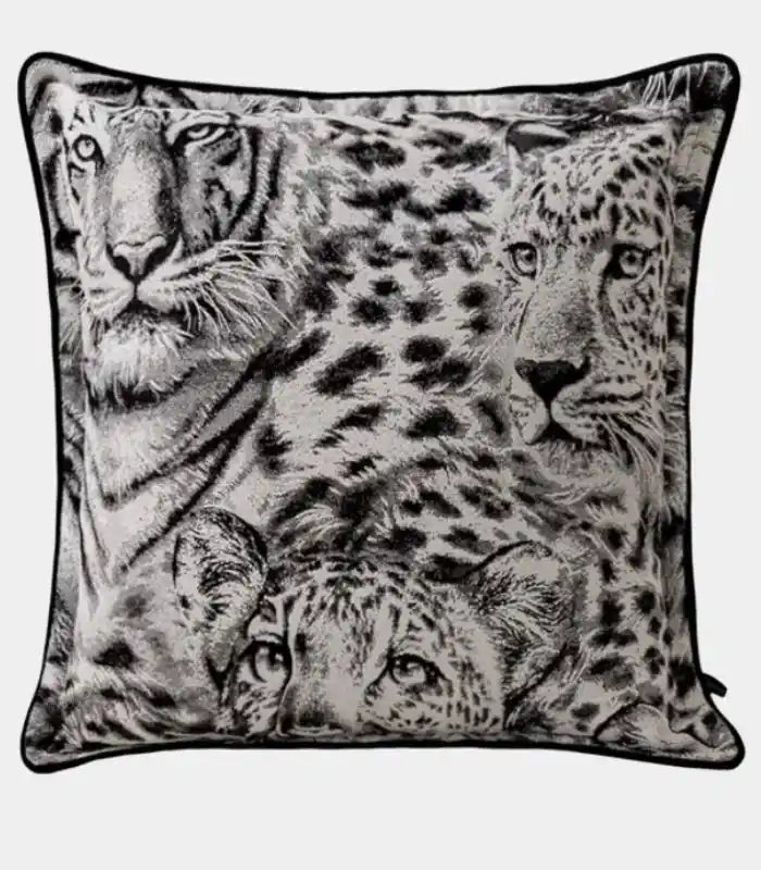 Savanna Wild Cat Cushion Cover – Monochrome Jacquard Wildlife Pillow Case