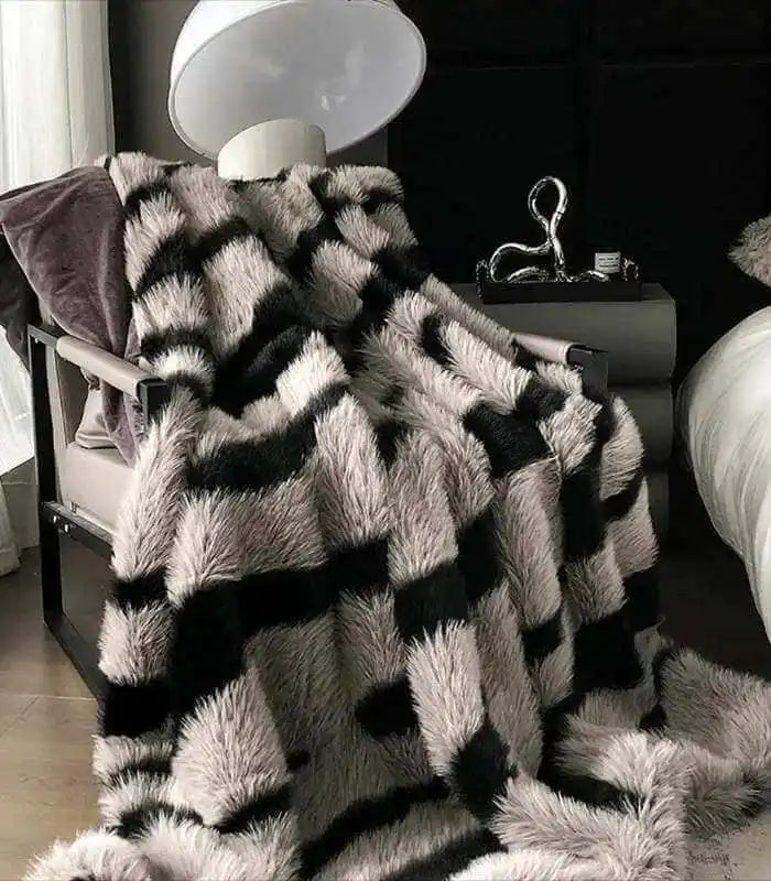 Plush Faux Fur Tiger Stripe Throw Blanket Grey & Black