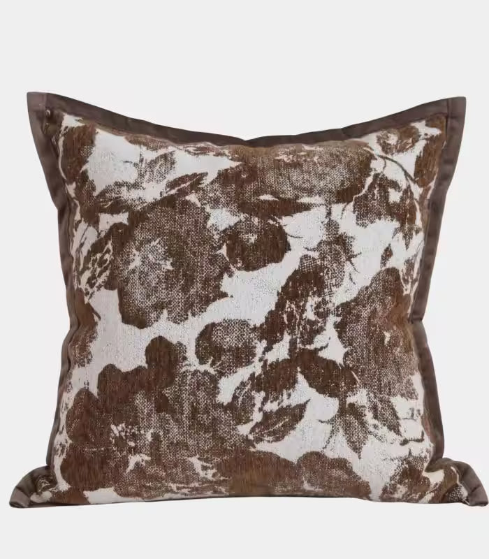 Jacquard Floral Cushion Cover – Rich Brown and Cream Botanical Design Decorative Pillow Case