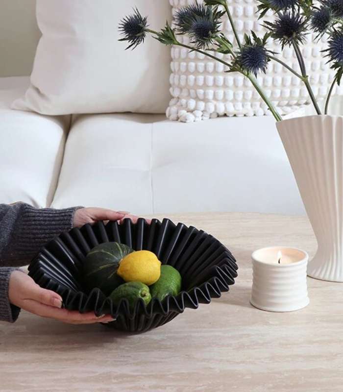 Decorative Fruit Bowl Ruffle Black Resin 27 cm