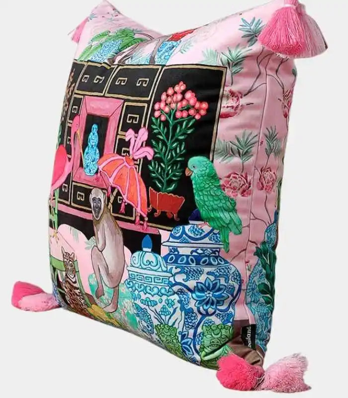 Velvet Cushion Cover with Whimsical Monkey and Fauna Print