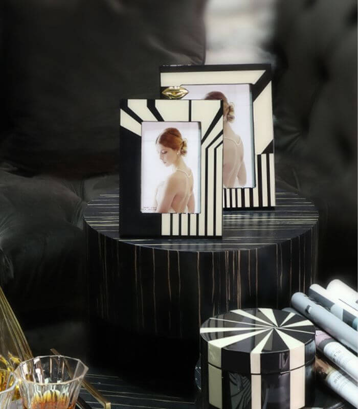 Art Deco Picture Frame - Modern Black & White Geometric Photo Frame with Gold Accent