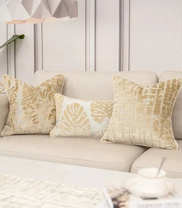 Velvet Floral Garden Cushion Cover Velvet Embroidery Beige