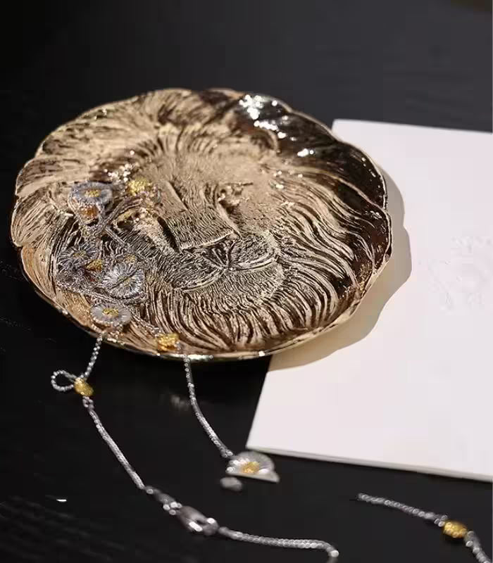 Majestic Lion Embossed Metal Jewelry Tray - Elegant Decorative Catchall Dish