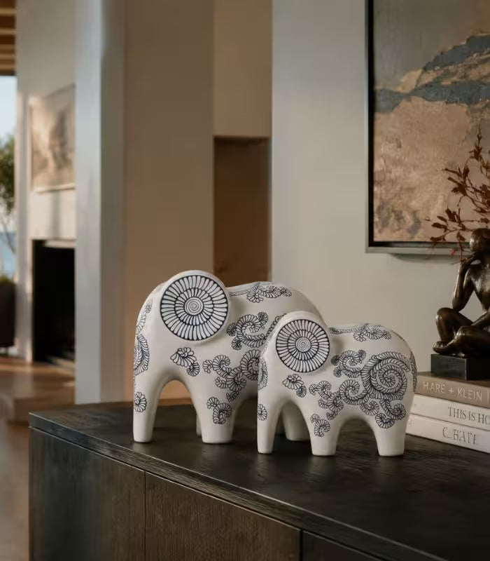 Indra Ceramic Elephant Sculpture – Hand-Decorated Design White & Blue