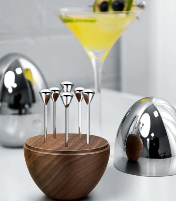 Set of 6 Cocktail Picks in Walnut Wood and Stainless Steel Egg - Unique Barware Accessories