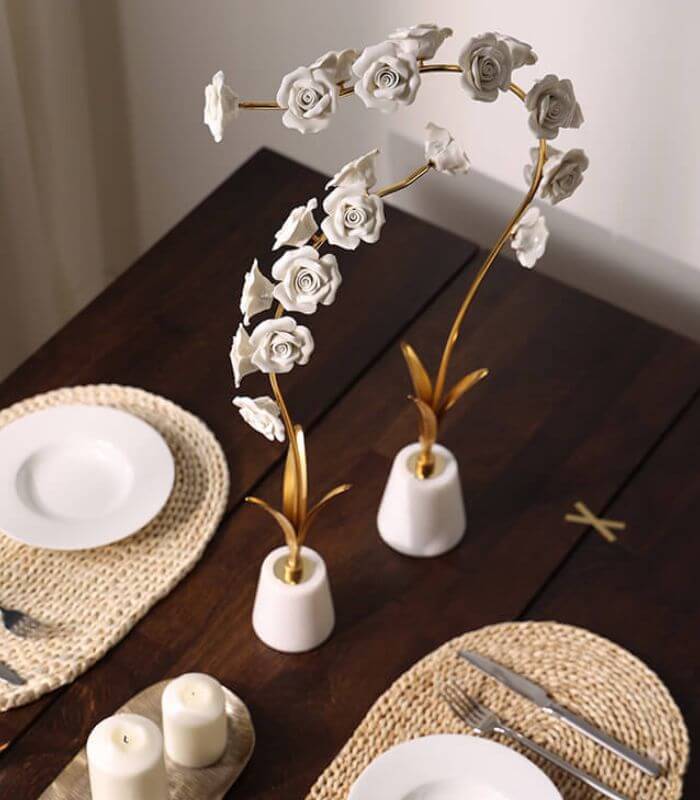 Orchid Stem in Marble Stand Sculpture Porcelain