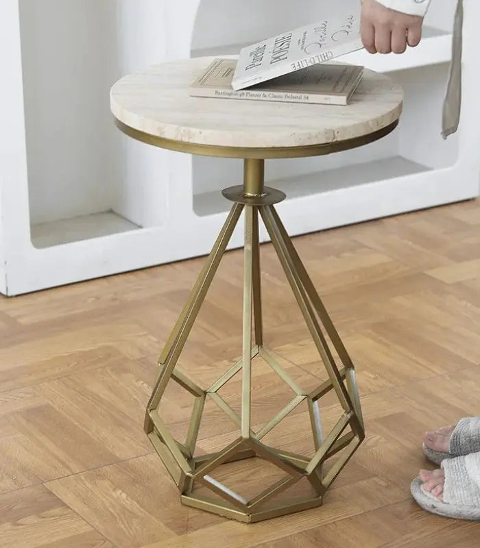 Astoria Geometric Travertine & Iron Side Table – Contemporary Natural Stone Design