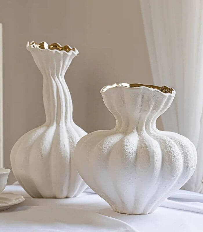 Delmara Tabletop Vase Textured White & Gold Ceramic 23 cm