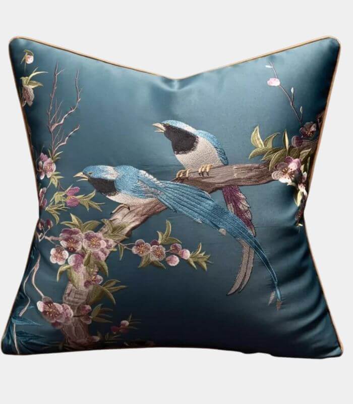 Handcrafted Oriental Bird Silk Satin Cushion Cover Embroidered Decorative Pillow Case 45 cm