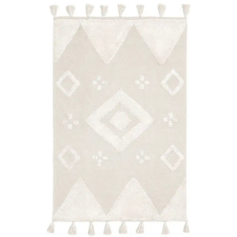 Moroccan Tassel Handmade Rug Beige & White Soft Cotton Non-slip Rug with Tassels