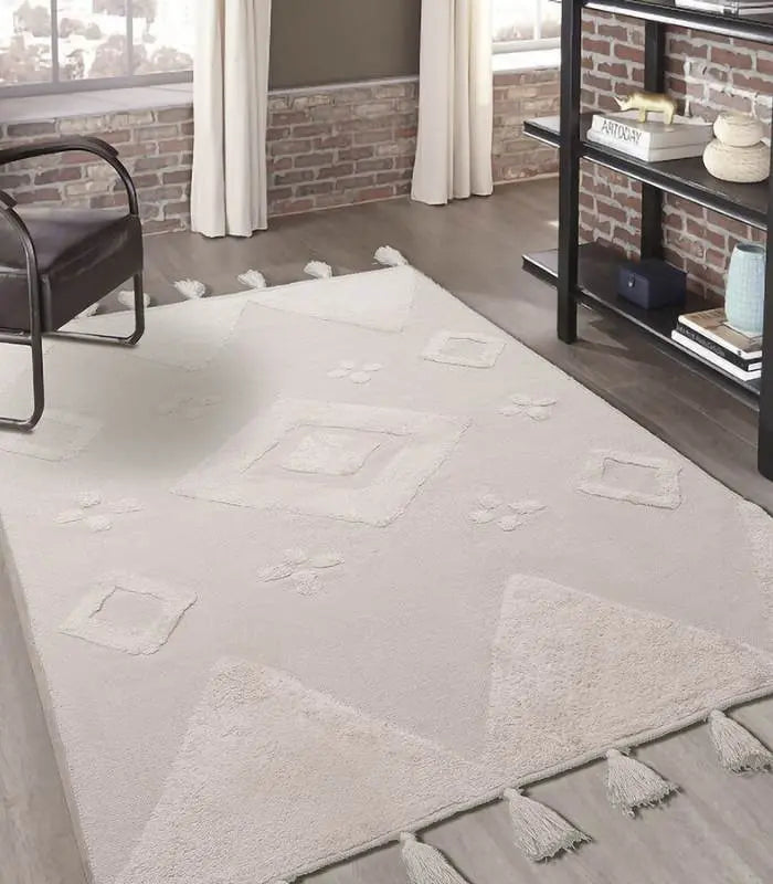 Moroccan Tassel Handmade Rug Beige & White Soft Cotton Non-slip Rug with Tassels