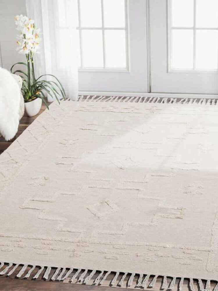 Moroccan Tassel Handmade Rug Beige & White Soft Cotton Non-slip Rug with Tassels