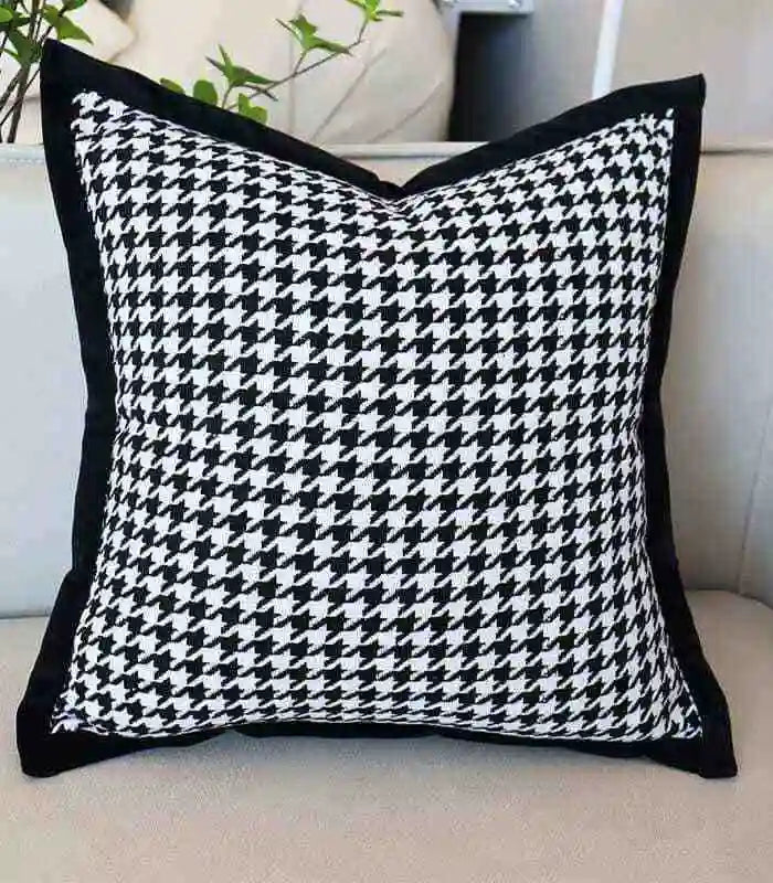Houndstooth Pattern Cushion Cover Black & White Linen Cotton