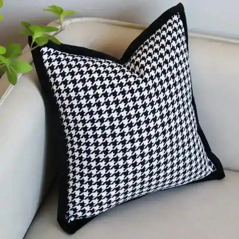 Houndstooth Pattern Cushion Cover Black & White Linen Cotton