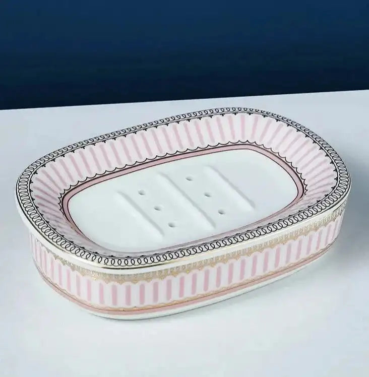Ceramic Soap Dish With Drain Pink and White 13.8 cm