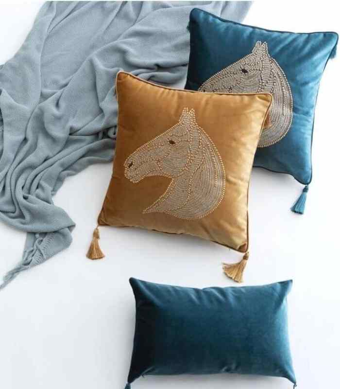 Beaded Horse Head Velvet Cushion Cover with Tassels 45x45 cm