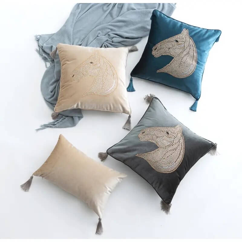 Beaded Horse Head Velvet Cushion Cover with Tassels 45x45 cm