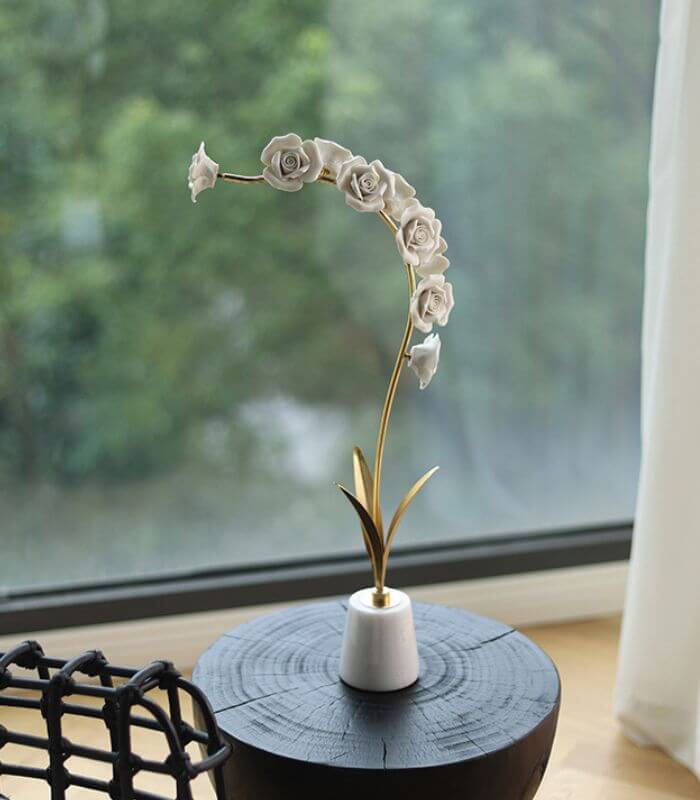 Orchid Stem in Marble Stand Sculpture Porcelain