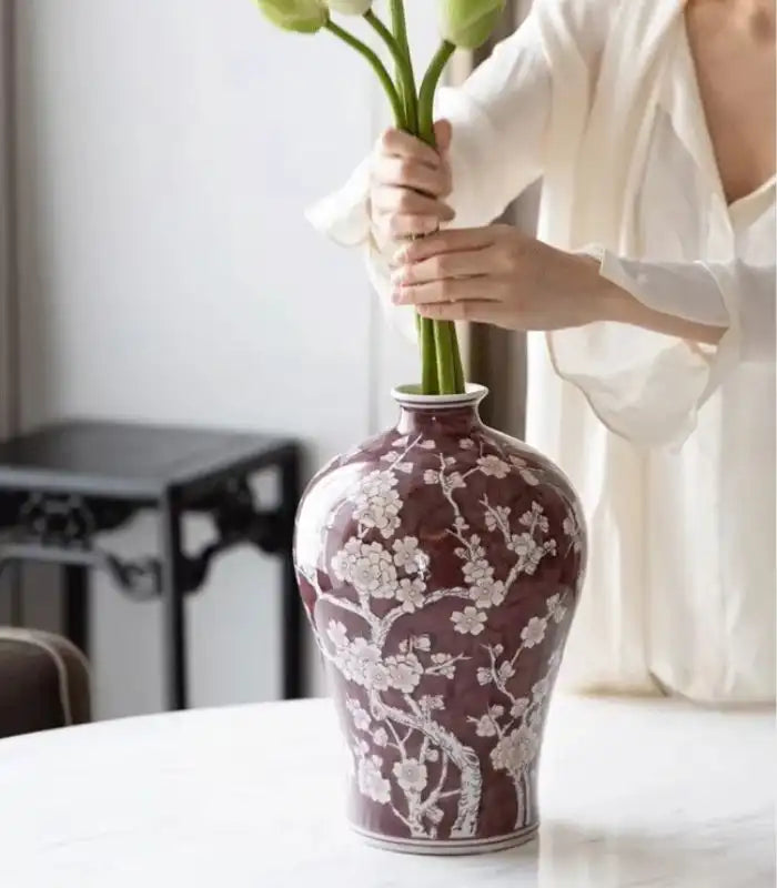 Kirschblüten-Meiping-Porzellanvase – handbemalte Blumenkunst, 32 cm