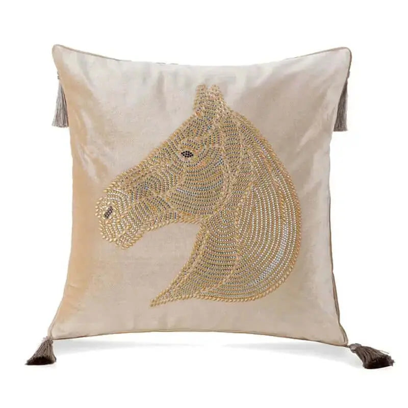 Beaded Horse Head Velvet Cushion Cover with Tassels 45x45 cm