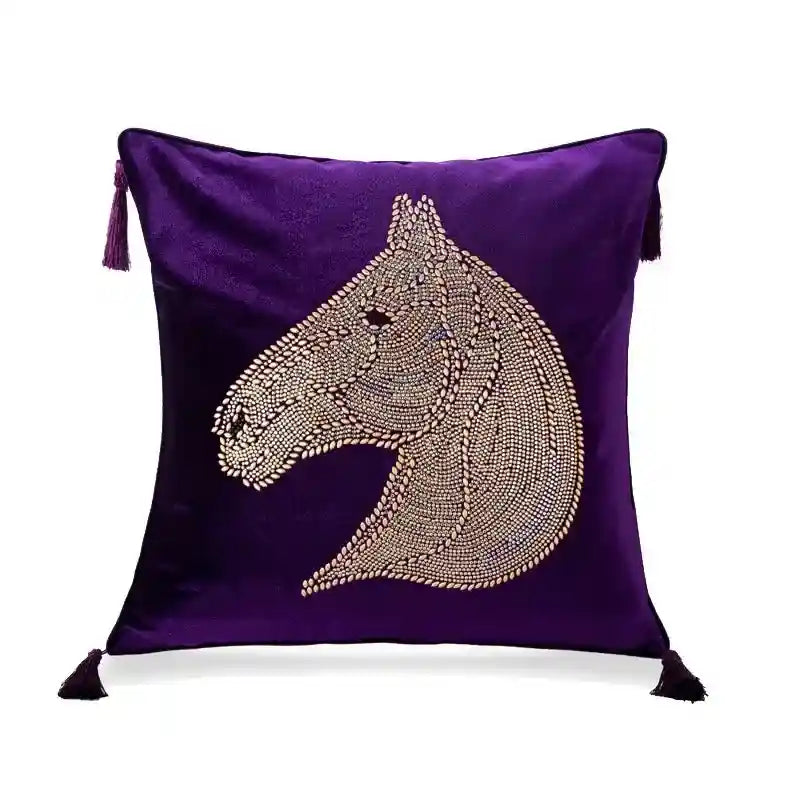 Beaded Horse Head Velvet Cushion Cover with Tassels 45x45 cm